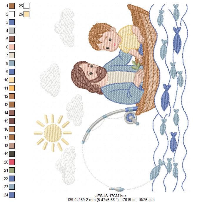 Jesus embroidery designs - Baby boy fishing machine embroidery pattern - Catholic Religious file - Instant digital download pes jef dst hus