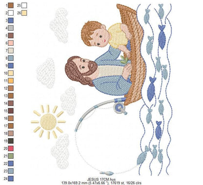 Jesus embroidery designs - Baby boy fishing machine embroidery pattern - Catholic Religious file - Instant digital download pes jef dst hus