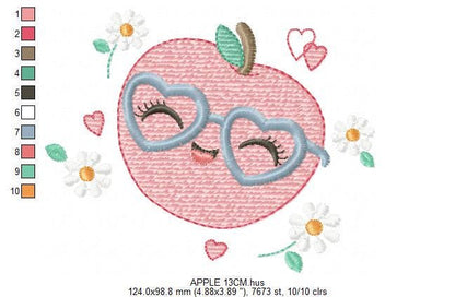 Apple embroidery designs - Fruit machine embroidery pattern - Kitchen Towel Apple with glasses file - Instant digital download pes jef dst