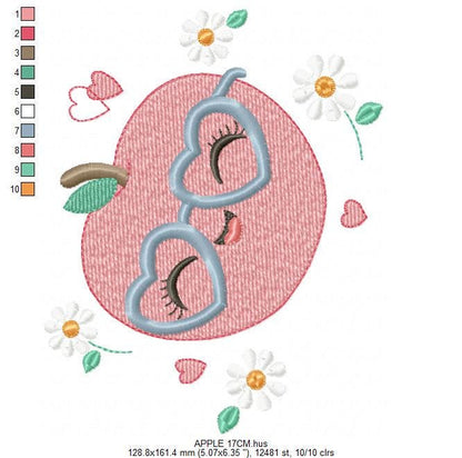 Apple embroidery designs - Fruit machine embroidery pattern - Kitchen Towel Apple with glasses file - Instant digital download pes jef dst