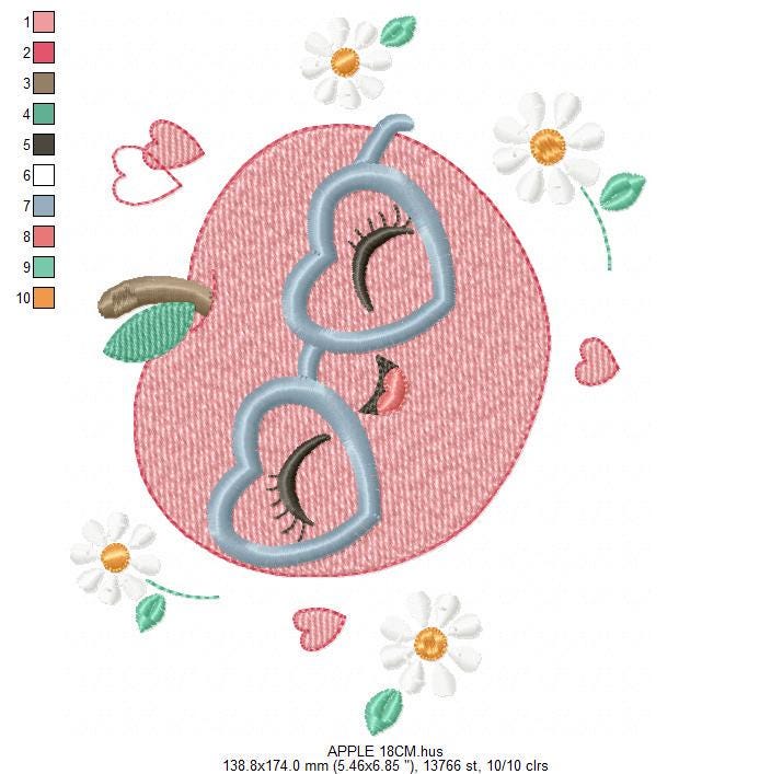 Apple embroidery designs - Fruit machine embroidery pattern - Kitchen Towel Apple with glasses file - Instant digital download pes jef dst