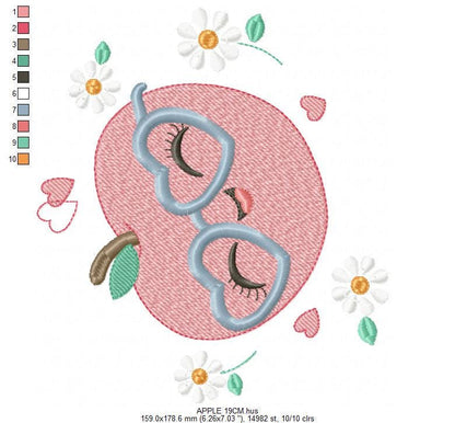 Apple embroidery designs - Fruit machine embroidery pattern - Kitchen Towel Apple with glasses file - Instant digital download pes jef dst