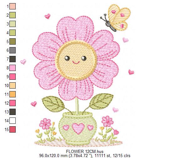 Flower with happy face embroidery designs - Flowerpot machine embroidery pattern - Floral Grandma Kitchen Towel - Instant download pes jef