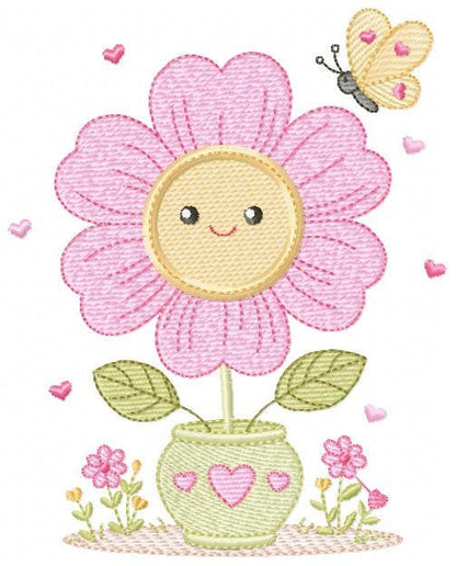 Flower with happy face embroidery designs - Flowerpot machine embroidery pattern - Floral Grandma Kitchen Towel - Instant download pes jef