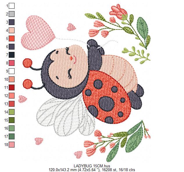 Ladybug embroidery designs - Garden Animal with heart and flowers machine embroidery pattern - Baby Girl Insect life file - Instant download