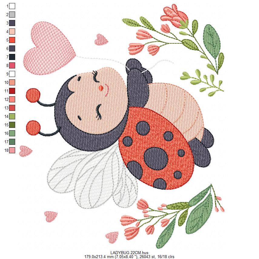 Ladybug embroidery designs - Garden Animal with heart and flowers machine embroidery pattern - Baby Girl Insect life file - Instant download