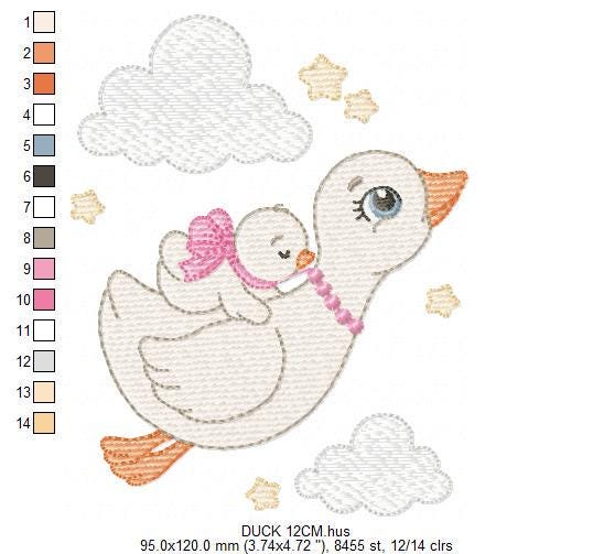 Female Duck with baby embroidery design - Flying bird machine embroidery pattern - Baby Girl file - Instant digital download pes jef dst hus