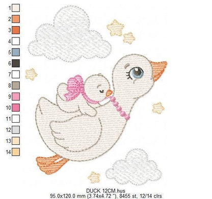 Female Duck with baby embroidery design - Flying bird machine embroidery pattern - Baby Girl file - Instant digital download pes jef dst hus