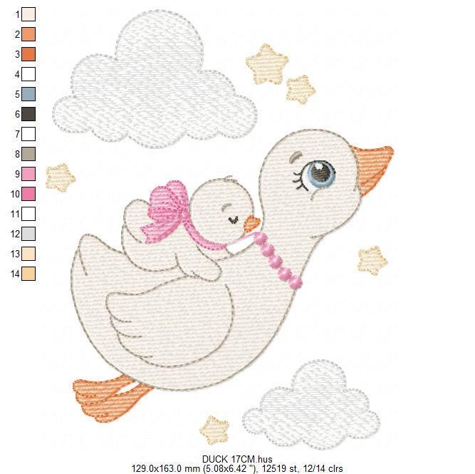 Female Duck with baby embroidery design - Flying bird machine embroidery pattern - Baby Girl file - Instant digital download pes jef dst hus