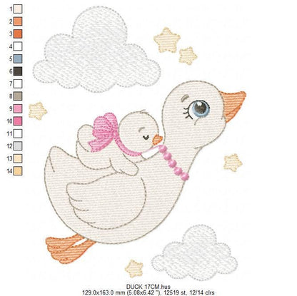 Female Duck with baby embroidery design - Flying bird machine embroidery pattern - Baby Girl file - Instant digital download pes jef dst hus