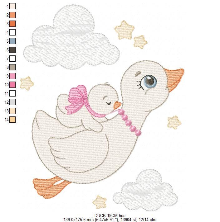 Female Duck with baby embroidery design - Flying bird machine embroidery pattern - Baby Girl file - Instant digital download pes jef dst hus