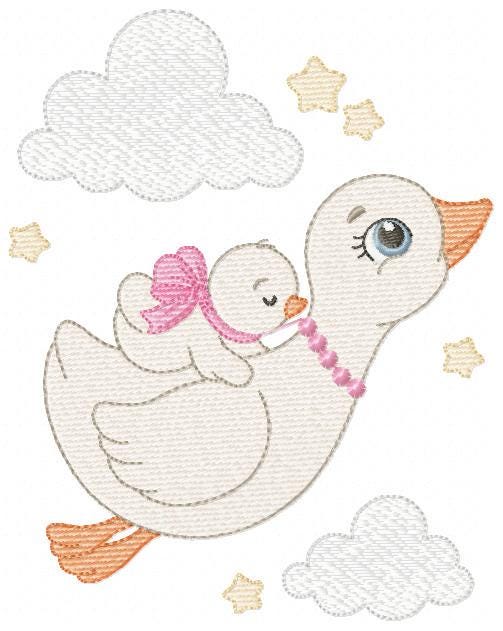 Female Duck with baby embroidery design - Flying bird machine embroidery pattern - Baby Girl file - Instant digital download pes jef dst hus