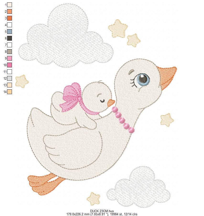 Female Duck with baby embroidery design - Flying bird machine embroidery pattern - Baby Girl file - Instant digital download pes jef dst hus
