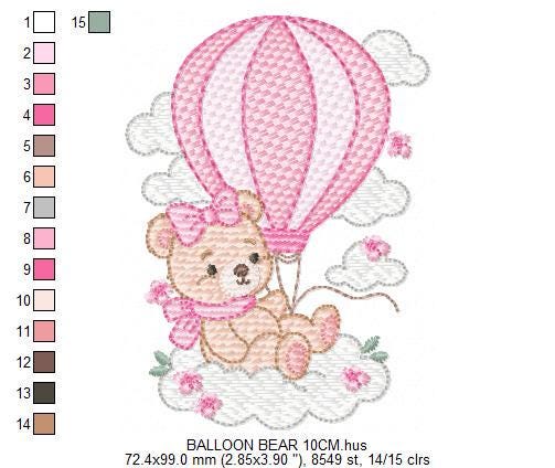 Baby Girl Bear with hot air balloon embroidery designs - Balloon with butterflies and clouds machine pattern - Instant digital download pes