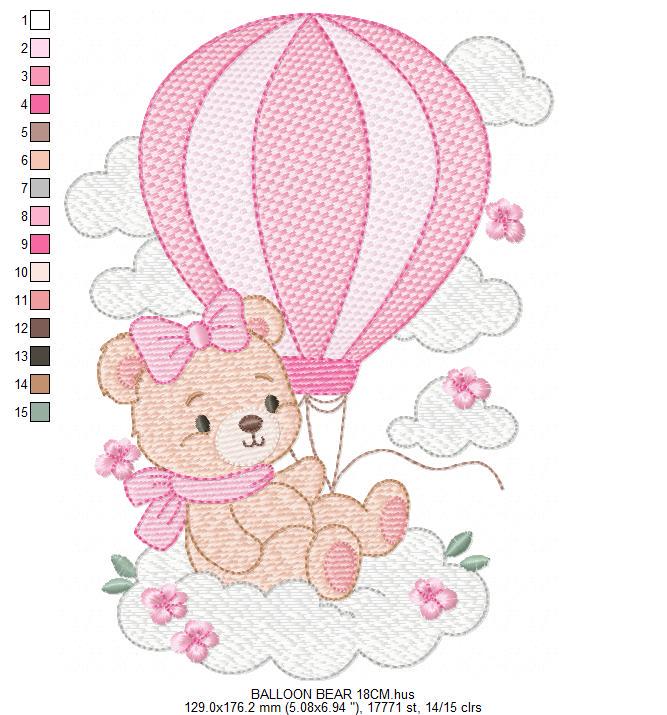 Baby Girl Bear with hot air balloon embroidery designs - Balloon with butterflies and clouds machine pattern - Instant digital download pes
