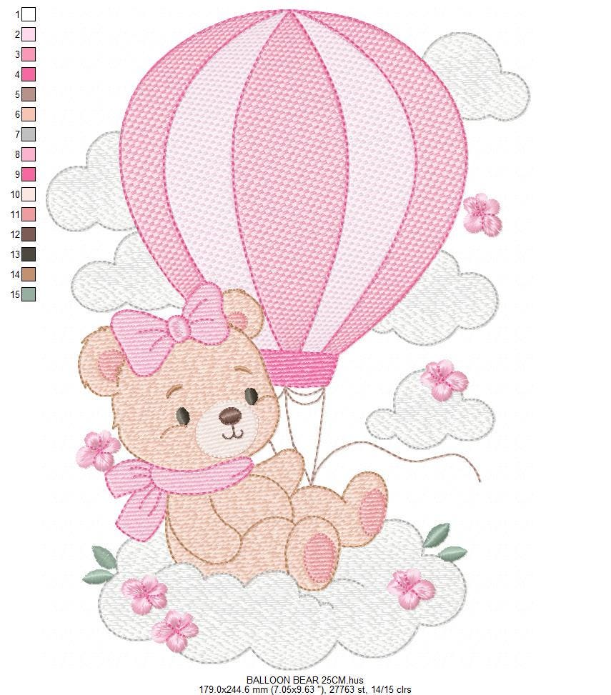 Baby Girl Bear with hot air balloon embroidery designs - Balloon with butterflies and clouds machine pattern - Instant digital download pes