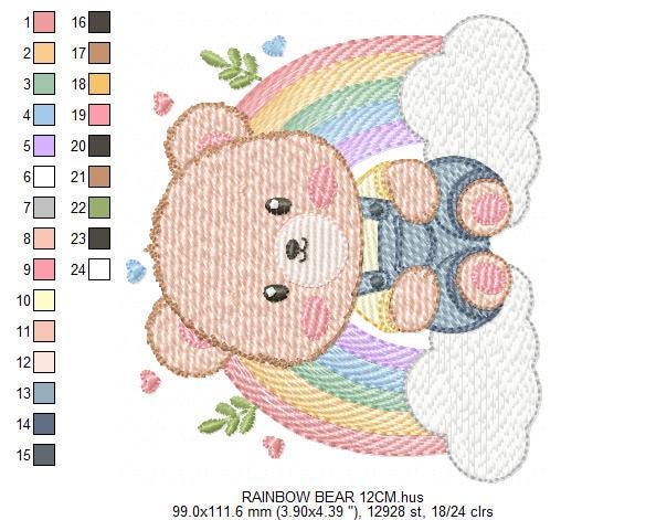 Bear with rainbow embroidery designs - Male Teddy with overall and clouds machine embroidery pattern - Instant digital download pes dst jef