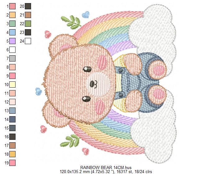 Bear with rainbow embroidery designs - Male Teddy with overall and clouds machine embroidery pattern - Instant digital download pes dst jef
