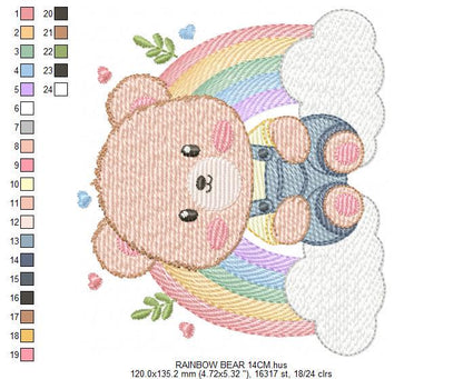 Bear with rainbow embroidery designs - Male Teddy with overall and clouds machine embroidery pattern - Instant digital download pes dst jef