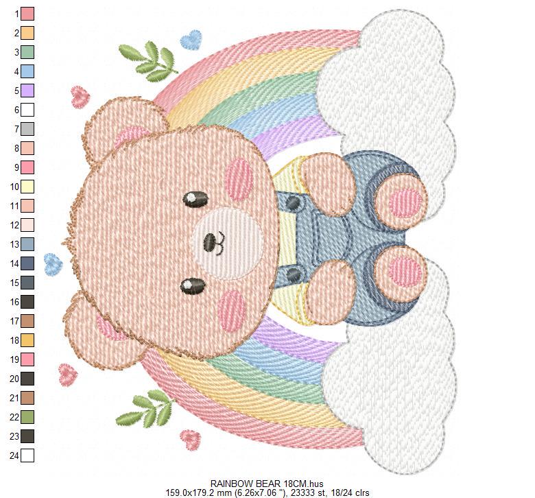Bear with rainbow embroidery designs - Male Teddy with overall and clouds machine embroidery pattern - Instant digital download pes dst jef
