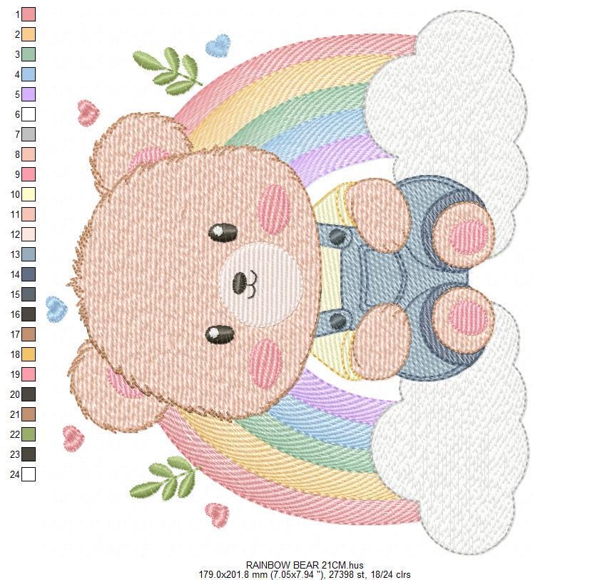 Bear with rainbow embroidery designs - Male Teddy with overall and clouds machine embroidery pattern - Instant digital download pes dst jef