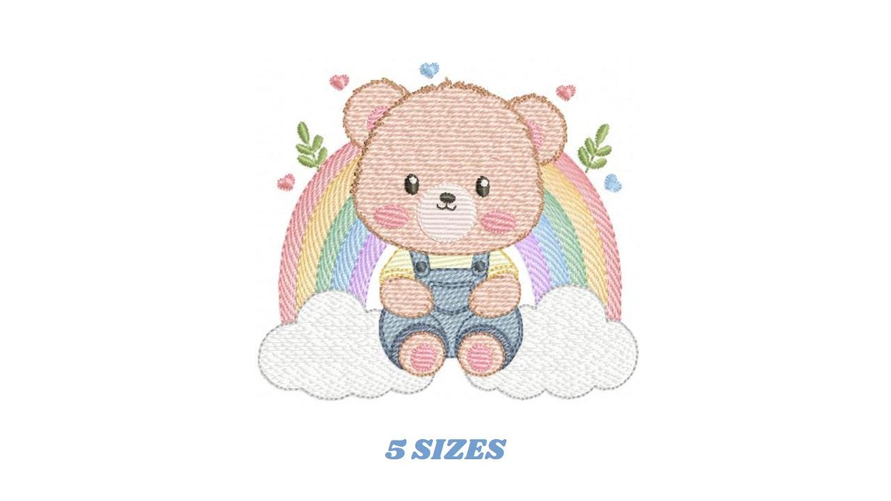 Bear with rainbow embroidery designs - Male Teddy with overall and clouds machine embroidery pattern - Instant digital download pes dst jef
