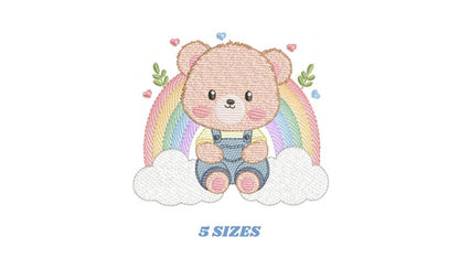 Bear with rainbow embroidery designs - Male Teddy with overall and clouds machine embroidery pattern - Instant digital download pes dst jef