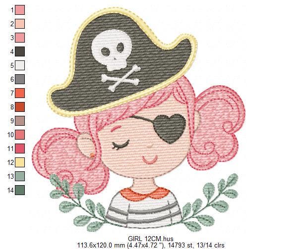 Pirate girl embroidery designs - Buccaneer machine embroidery pattern - Nautical Baby girl file - Instant digital download pes jef dst hus