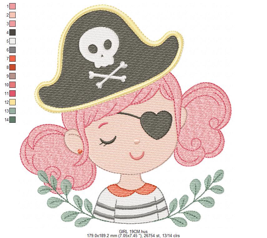 Pirate girl embroidery designs - Buccaneer machine embroidery pattern - Nautical Baby girl file - Instant digital download pes jef dst hus