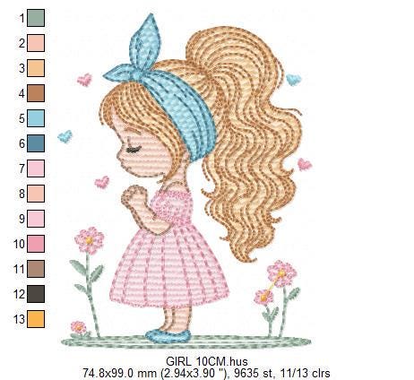 Baby girl embroidery designs - Girl with long hair bun machine embroidery pattern - Princess with flowers file - Instant download pes jef