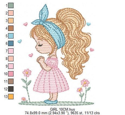 Baby girl embroidery designs - Girl with long hair bun machine embroidery pattern - Princess with flowers file - Instant download pes jef