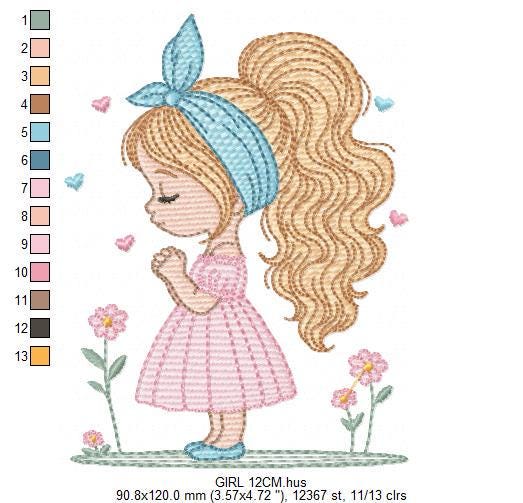 Baby girl embroidery designs - Girl with long hair bun machine embroidery pattern - Princess with flowers file - Instant download pes jef