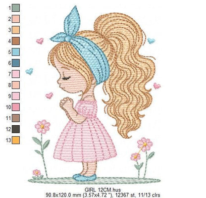 Baby girl embroidery designs - Girl with long hair bun machine embroidery pattern - Princess with flowers file - Instant download pes jef