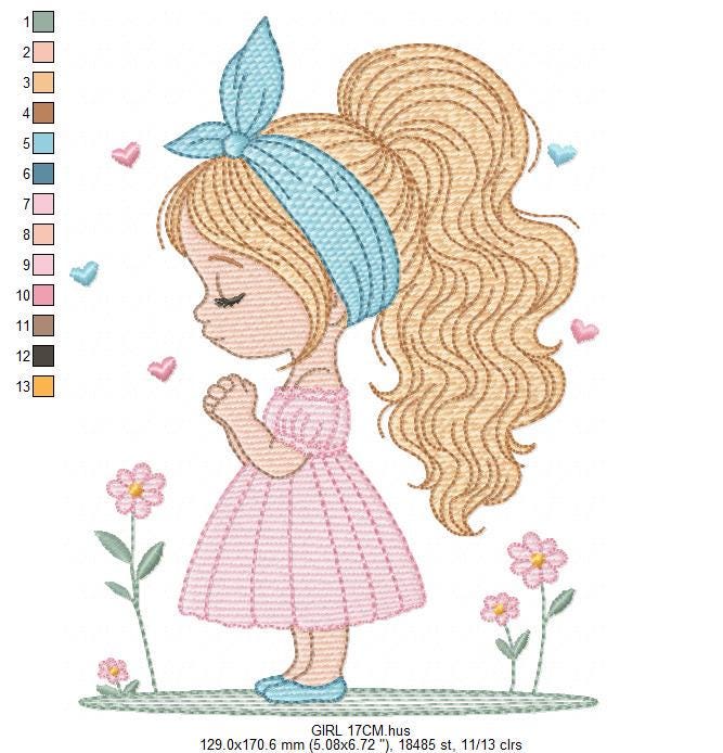 Baby girl embroidery designs - Girl with long hair bun machine embroidery pattern - Princess with flowers file - Instant download pes jef