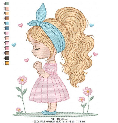 Baby girl embroidery designs - Girl with long hair bun machine embroidery pattern - Princess with flowers file - Instant download pes jef