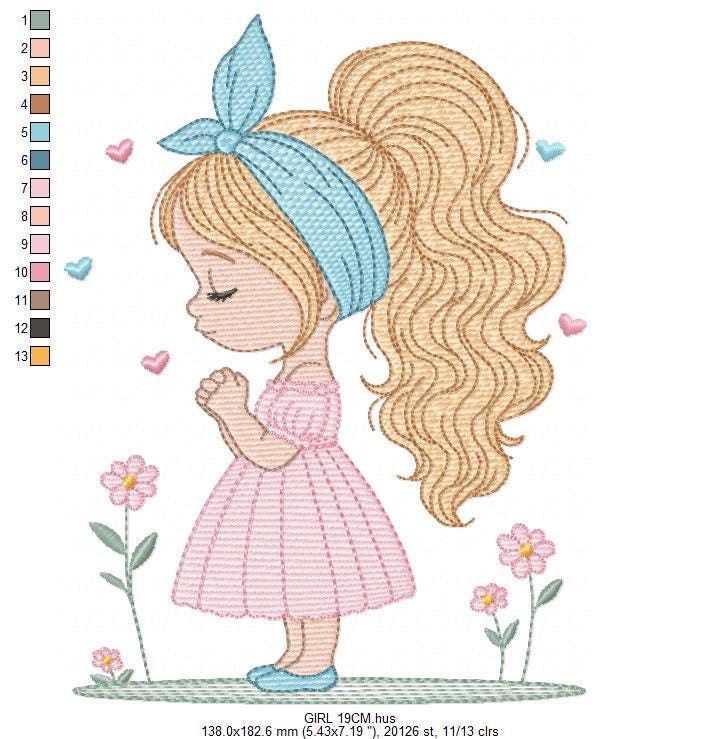 Baby girl embroidery designs - Girl with long hair bun machine embroidery pattern - Princess with flowers file - Instant download pes jef
