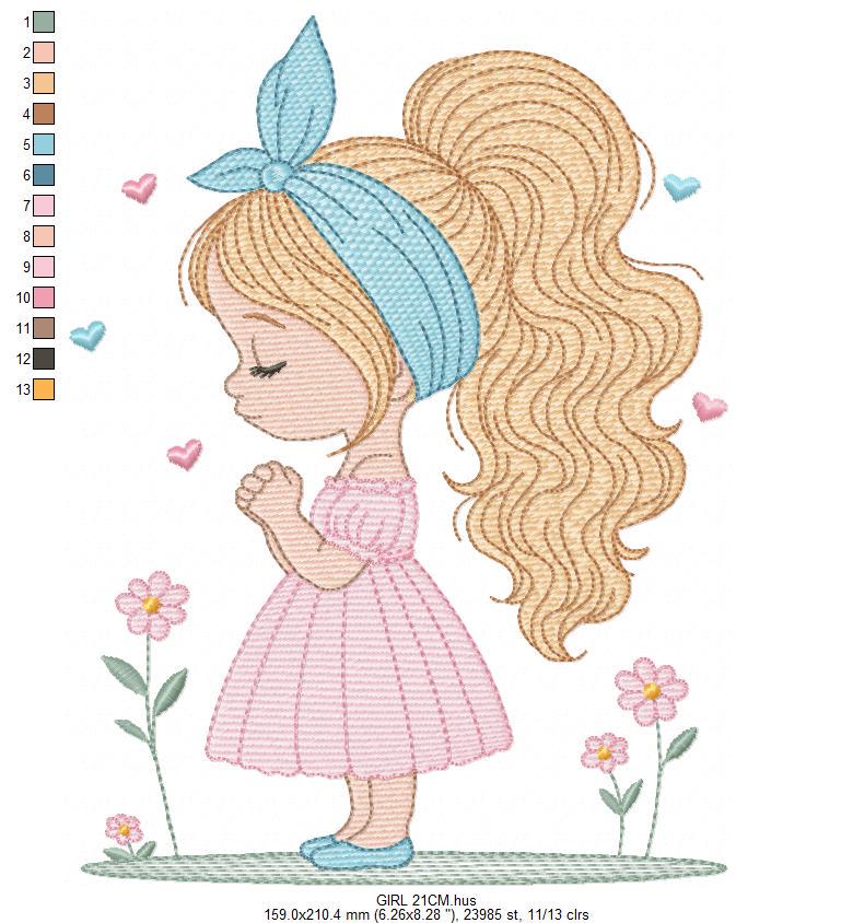 Baby girl embroidery designs - Girl with long hair bun machine embroidery pattern - Princess with flowers file - Instant download pes jef