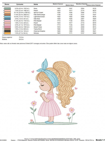 Baby girl embroidery designs - Girl with long hair bun machine embroidery pattern - Princess with flowers file - Instant download pes jef