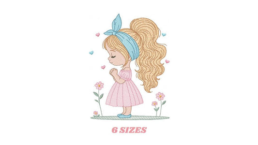 Baby girl embroidery designs - Girl with long hair bun machine embroidery pattern - Princess with flowers file - Instant download pes jef