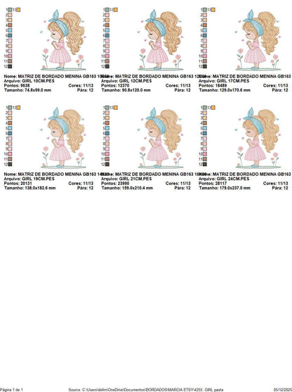 Baby girl embroidery designs - Girl with long hair bun machine embroidery pattern - Princess with flowers file - Instant download pes jef