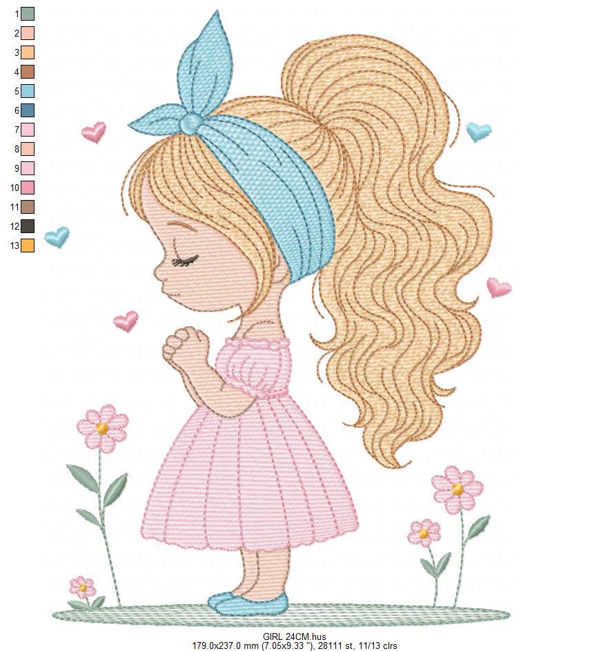 Baby girl embroidery designs - Girl with long hair bun machine embroidery pattern - Princess with flowers file - Instant download pes jef
