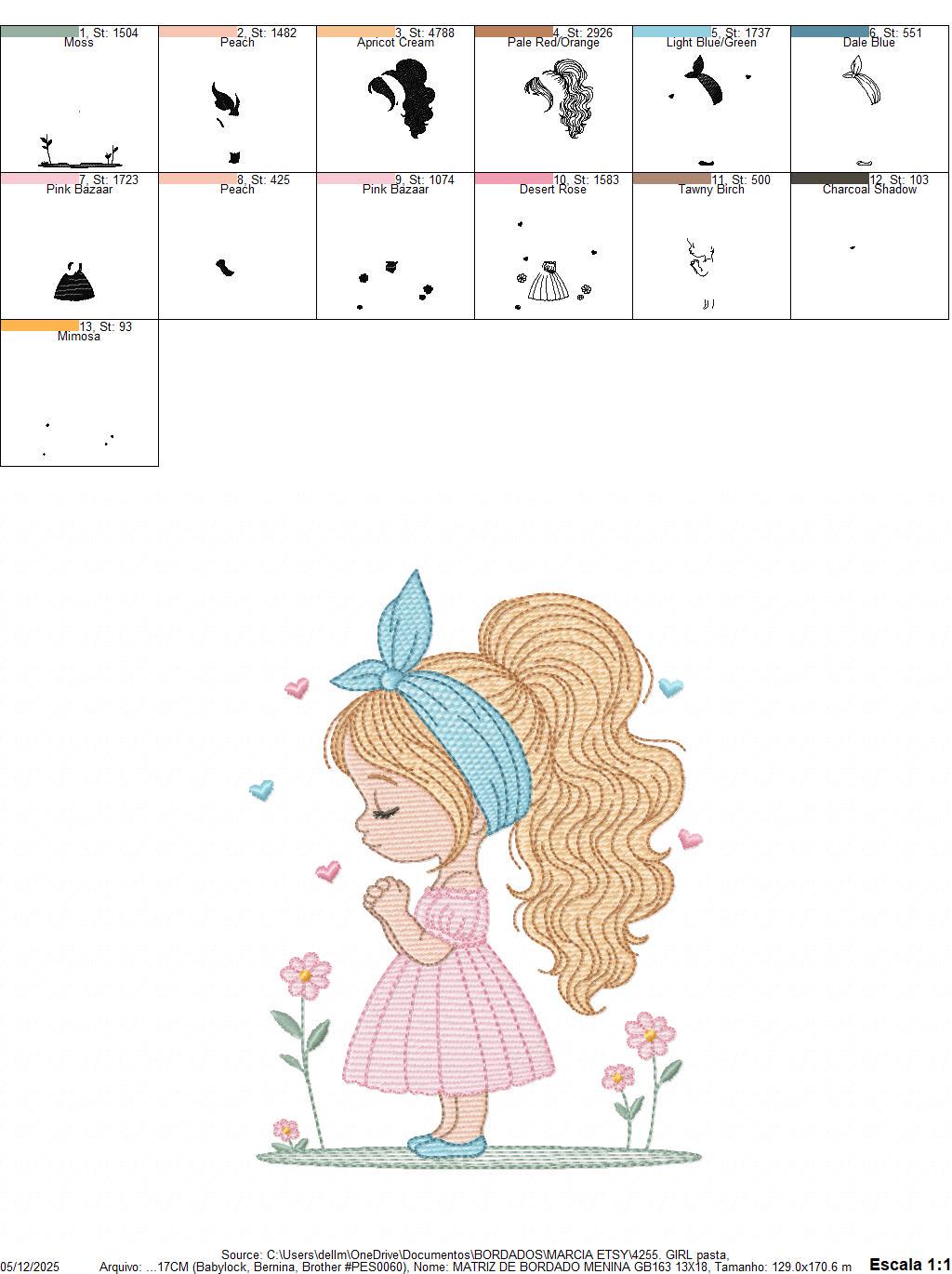 Baby girl embroidery designs - Girl with long hair bun machine embroidery pattern - Princess with flowers file - Instant download pes jef