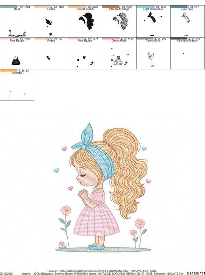 Baby girl embroidery designs - Girl with long hair bun machine embroidery pattern - Princess with flowers file - Instant download pes jef