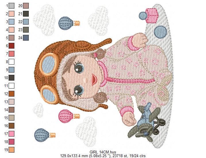 Baby girl Pilot embroidery design - Toddler with toy plane machine embroidery pattern - Aviator with goggles - Instant digital download pes
