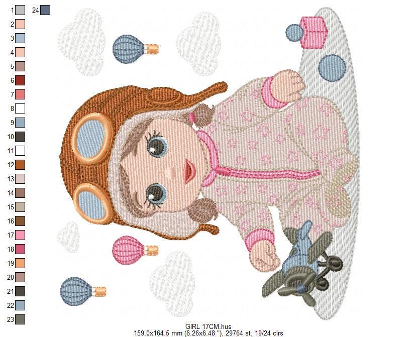 Baby girl Pilot embroidery design - Toddler with toy plane machine embroidery pattern - Aviator with goggles - Instant digital download pes