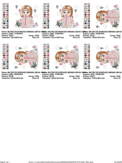 Baby girl Pilot embroidery design - Toddler with toy plane machine embroidery pattern - Aviator with goggles - Instant digital download pes