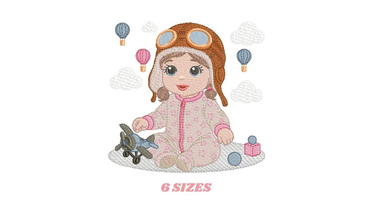 Baby girl Pilot embroidery design - Toddler with toy plane machine embroidery pattern - Aviator with goggles - Instant digital download pes