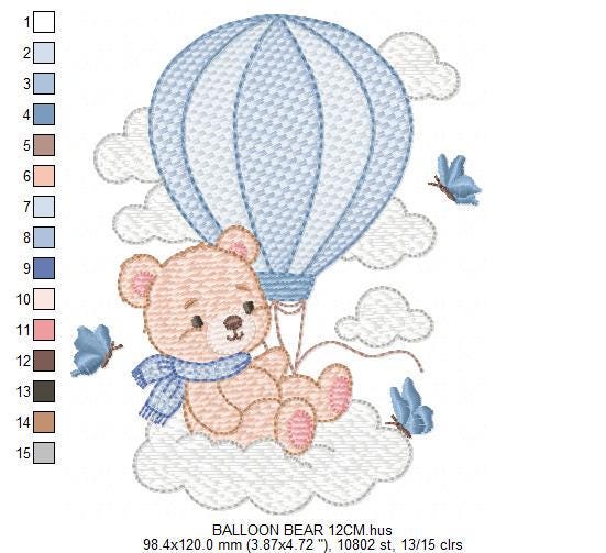 Baby Boy Bear with hot air balloon embroidery designs - Balloon with butterflies and clouds machine pattern - Instant digital download pes