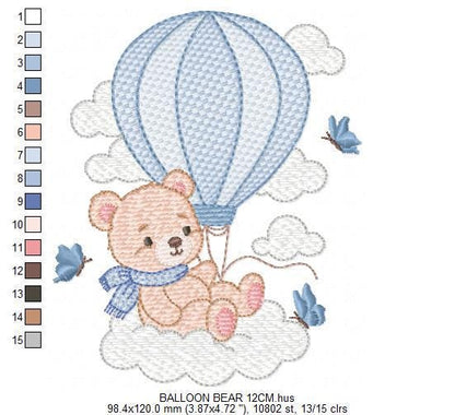 Baby Boy Bear with hot air balloon embroidery designs - Balloon with butterflies and clouds machine pattern - Instant digital download pes