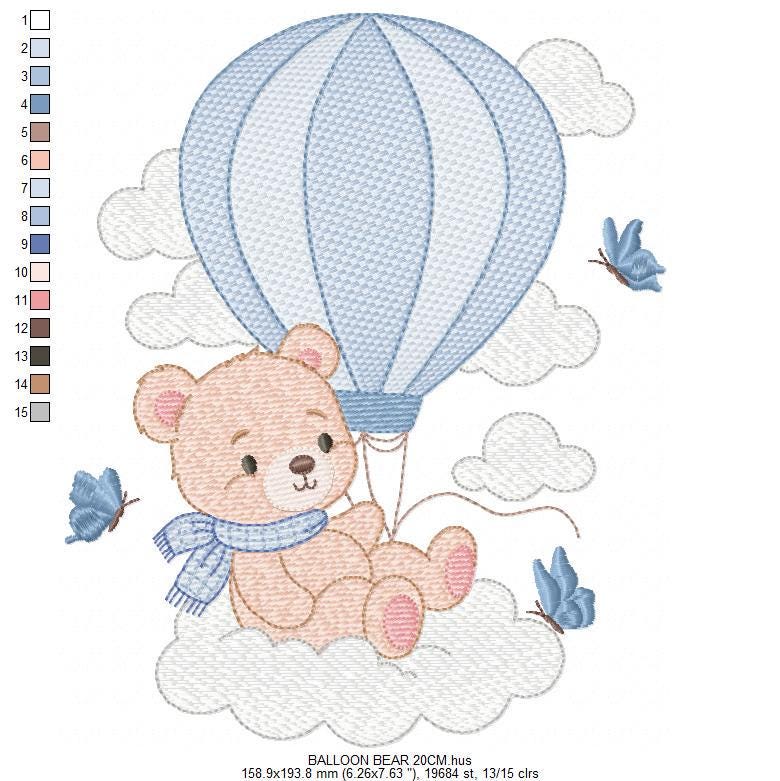 Baby Boy Bear with hot air balloon embroidery designs - Balloon with butterflies and clouds machine pattern - Instant digital download pes